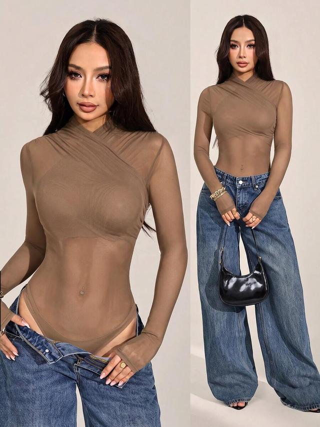 brown sheer mesh long sleeve wrap bodysuit