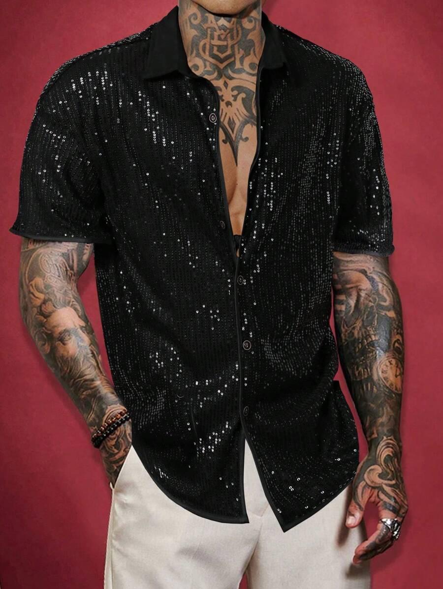 black sequin short sleeve casual party shirt