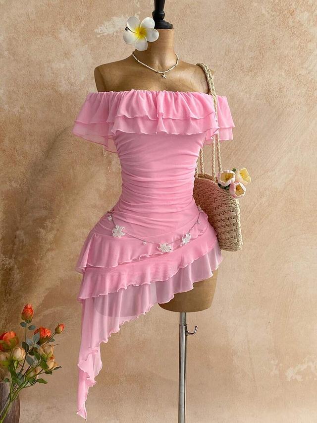 pink off-shoulder ruffled asymmetrical mini dress