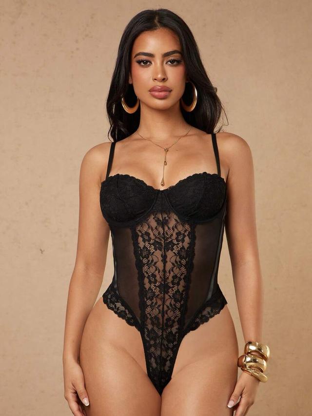 elegant black lace-trimmed slim fit bodysuit
