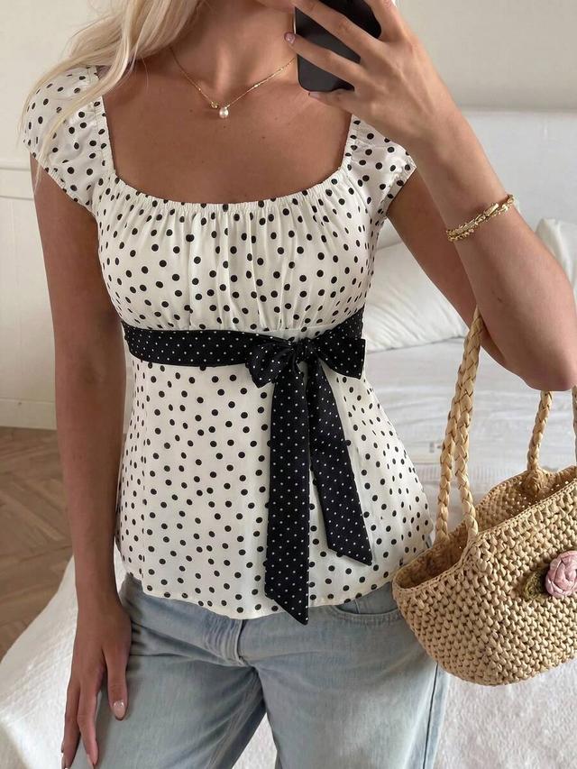 polka dot square neck cap sleeve casual top