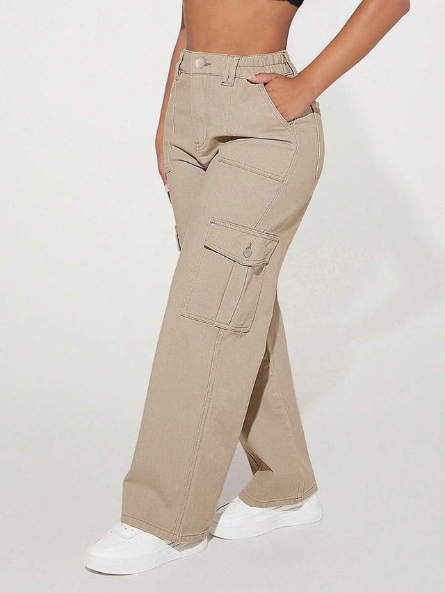 women's beige cargo pocket wide leg denim jeans