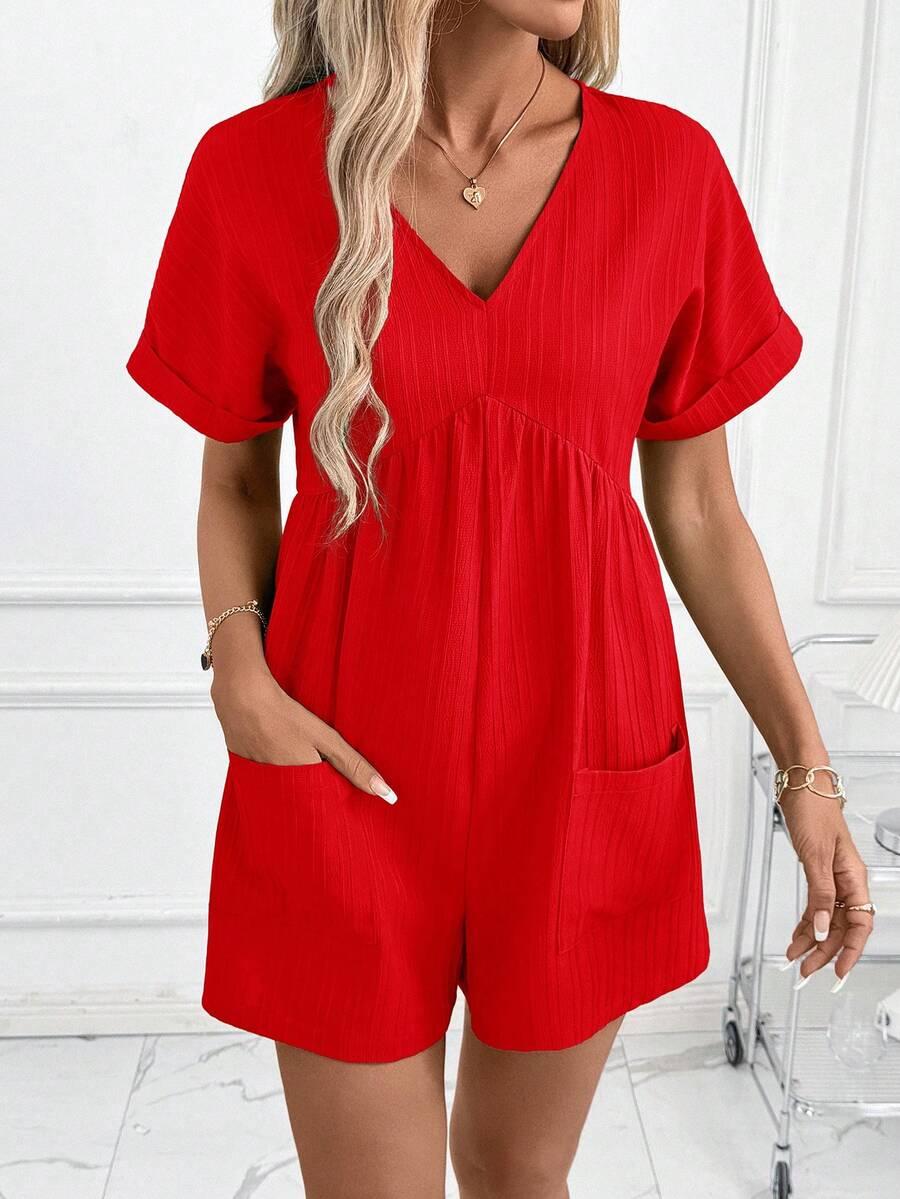 red v-neck short sleeve playsuit with patch pockets