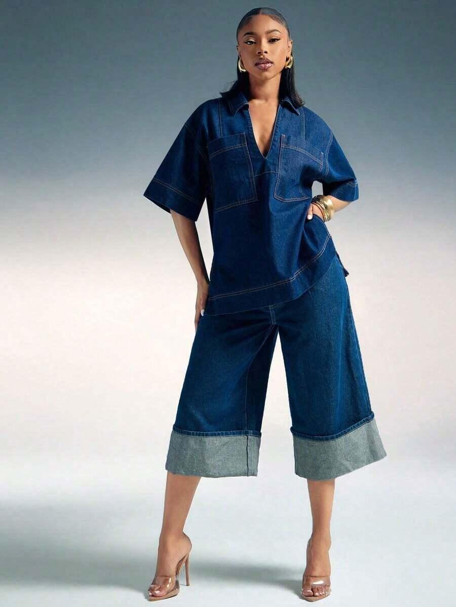 medium blue women's fashionable drop-shoulder loose denim blouse