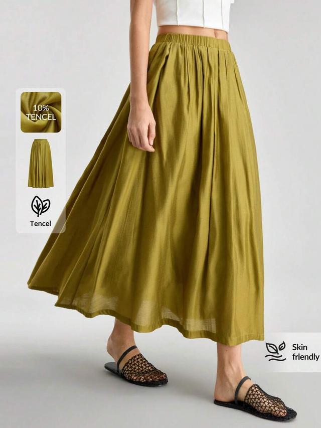 olive green pleated tencel blend midi skirt