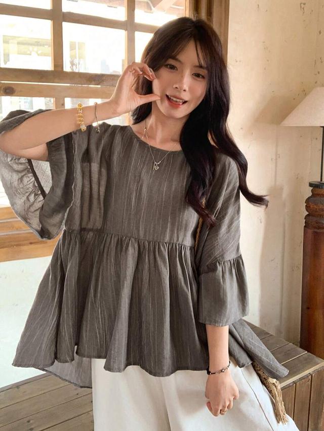 gray striped ruffled babydoll blouse