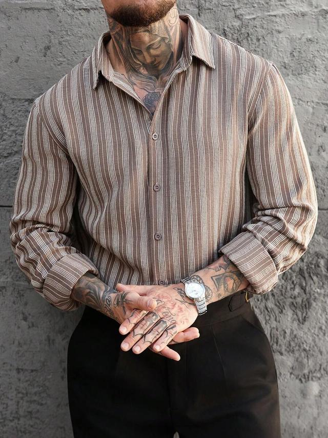 brown and white striped long sleeve casual shirt