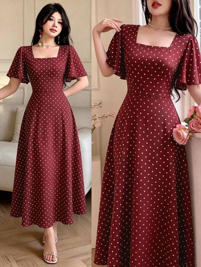 red polka dot square neck midi dress