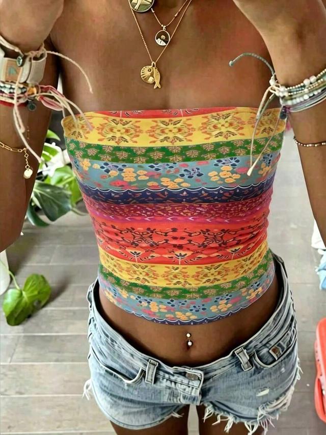 inawly women's summer vacation contrast color ditsy floral tube top