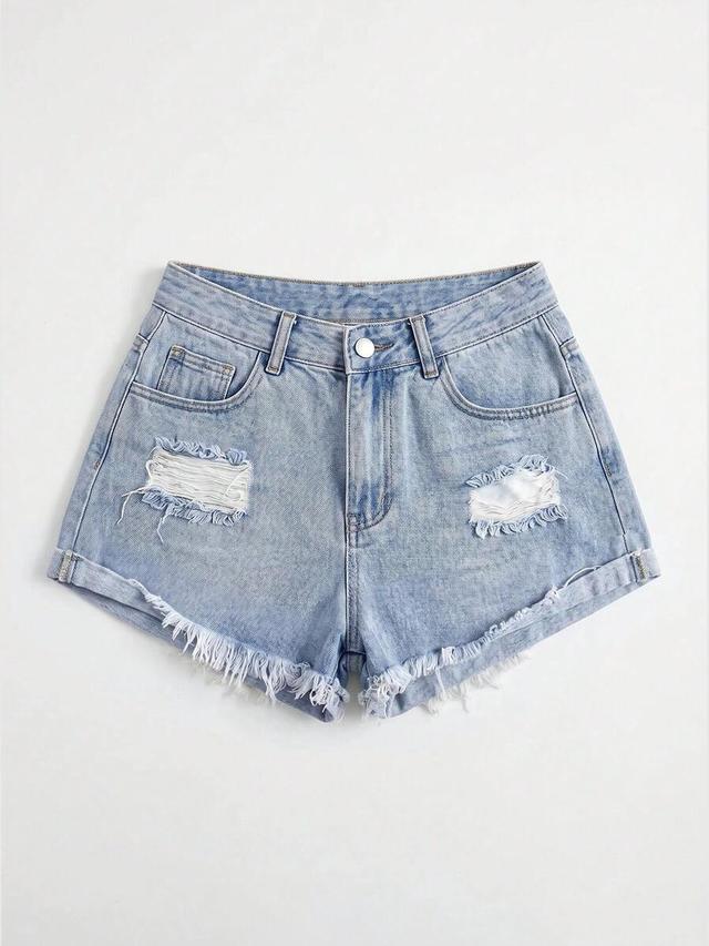 light wash distressed denim cuffed shorts