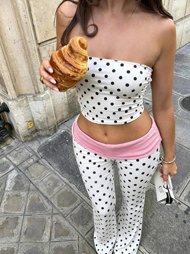 polka dot bandeau top and flared trousers set