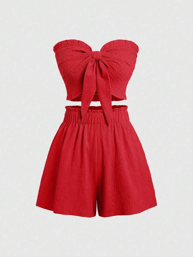 red solid color ruffled bandeau top and shorts set