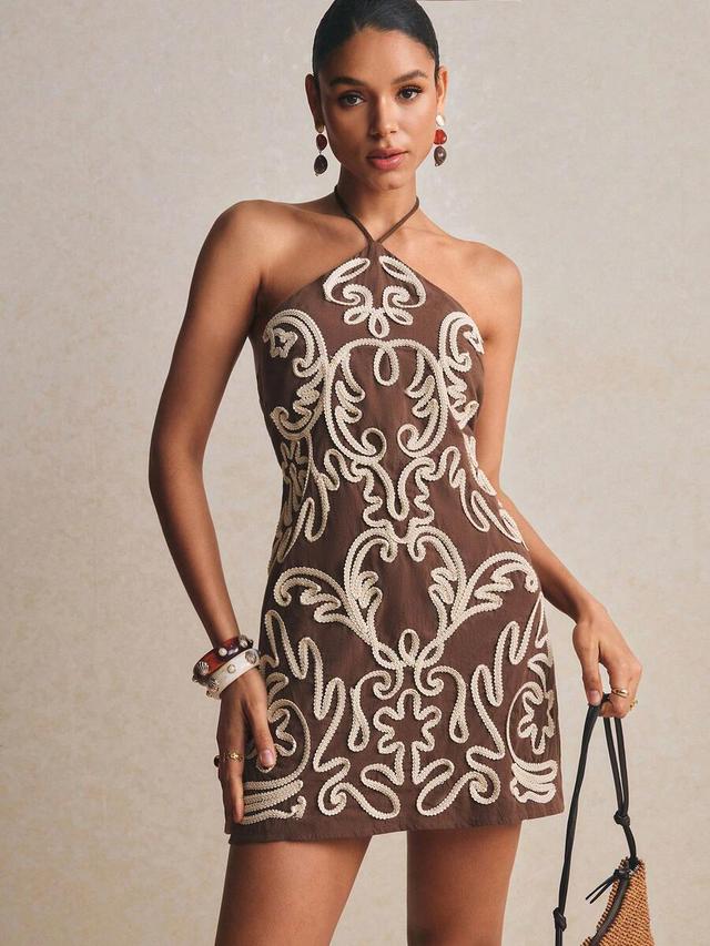 brown linen halter dress with cream corded embroidery