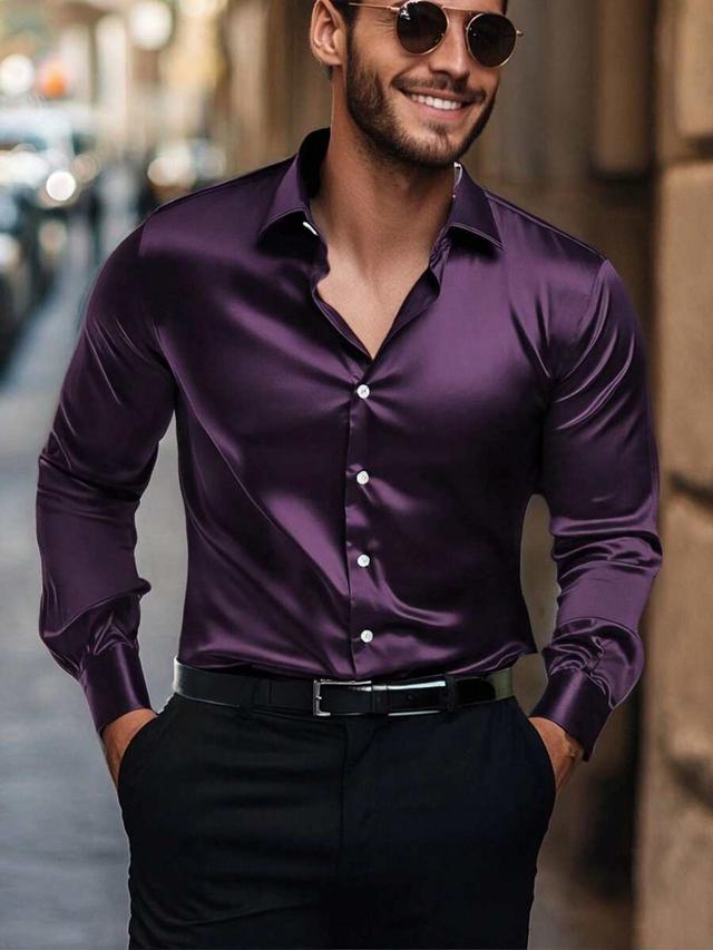 men's purple satin long sleeve formal shirt