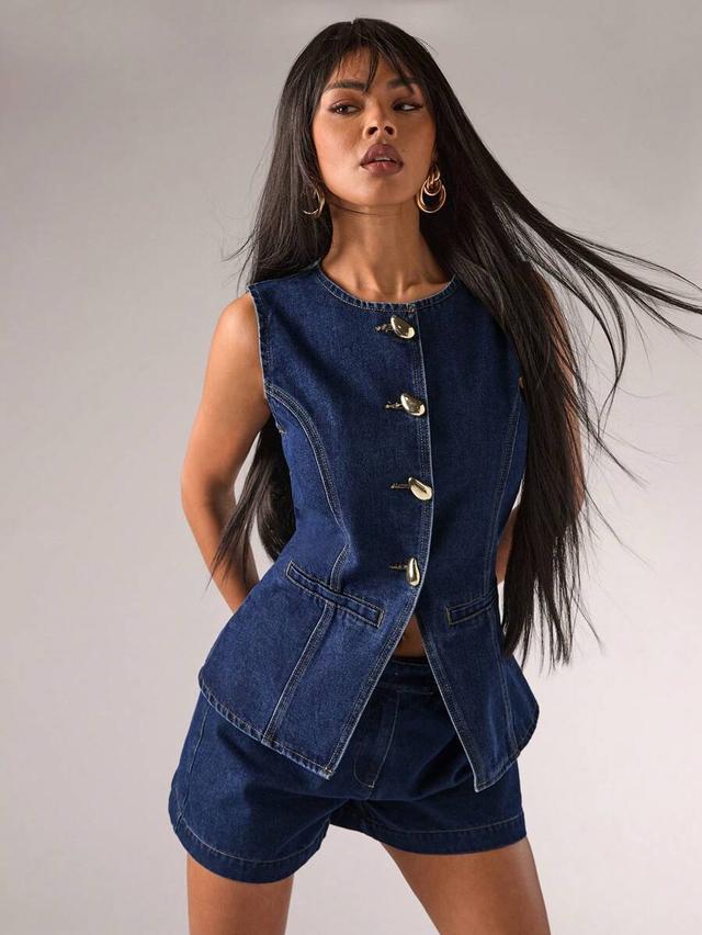 sleeveless dark wash denim button front peplum top