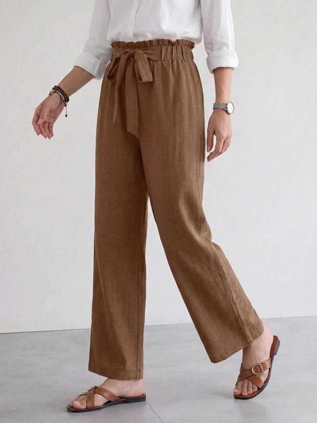 brown linen blend high-waisted wide-leg trousers with belt