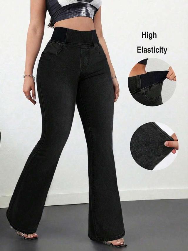 high waist stretch denim flared pants