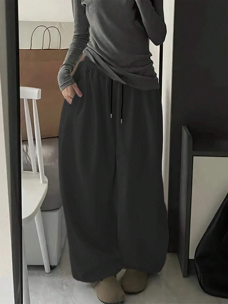 dark grey drawstring elastic waist wide leg sweatpants