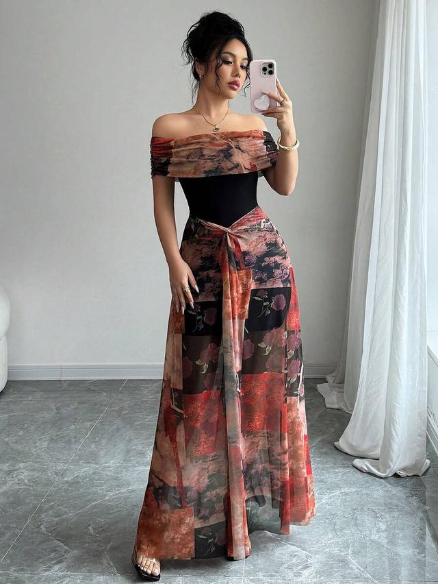 rafferiza women's elegant bodycon twisted vintage painting print mesh off shoulder dress