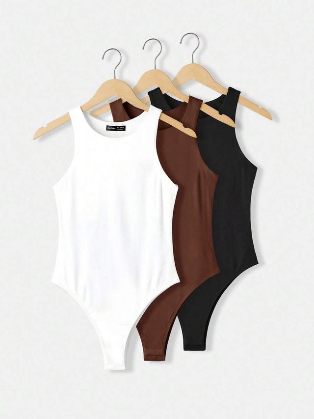 brown sleeveless round neck knit bodysuit set