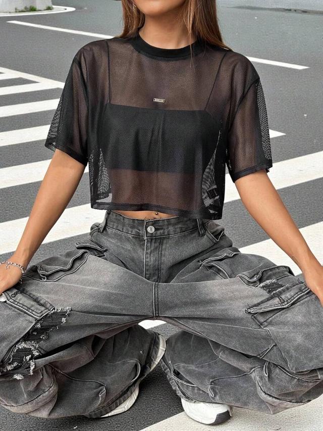 shein ezwear women's short sleeve black mesh top