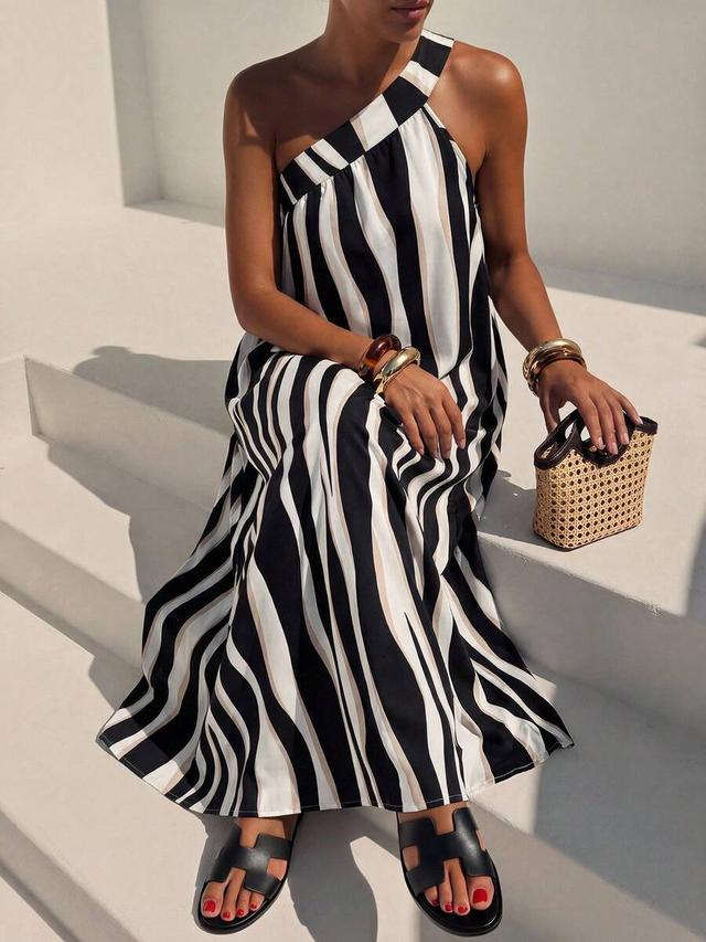 black and white wavy stripe one-shoulder maxi dress