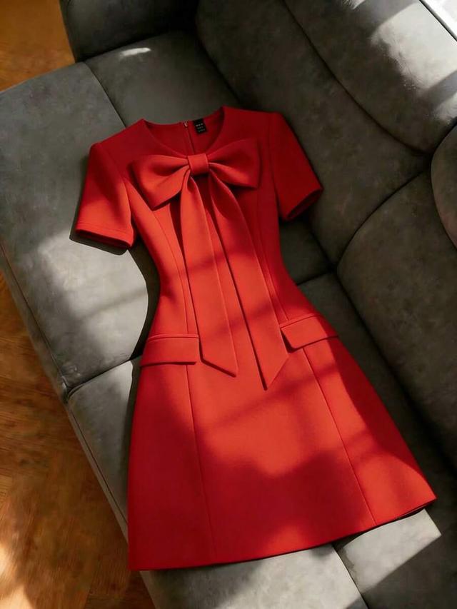 red elegant round neck bow decor short sleeve dress