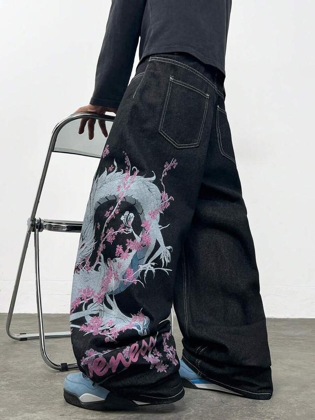 black denim loose wide leg dragon print jeans