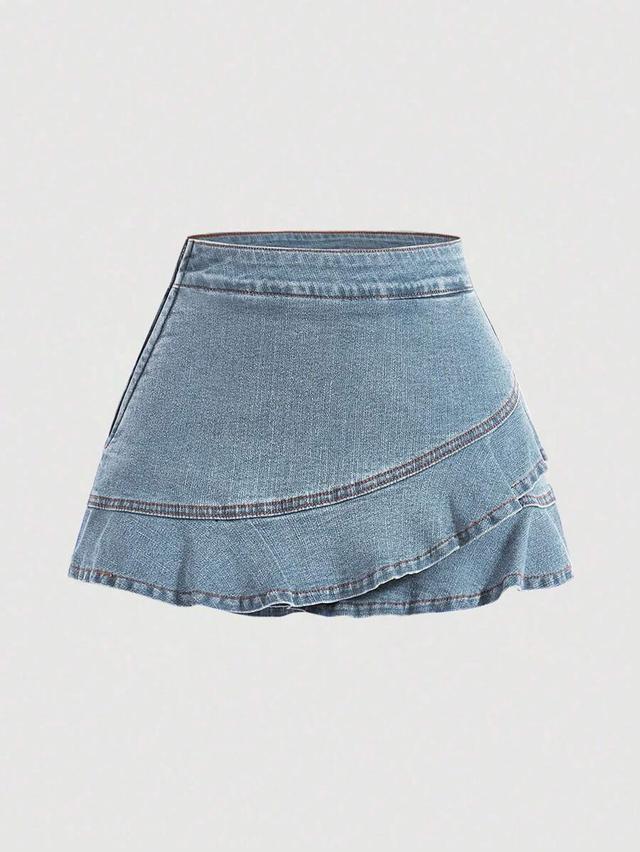 asymmetrical hem denim skirt with ruffle trim