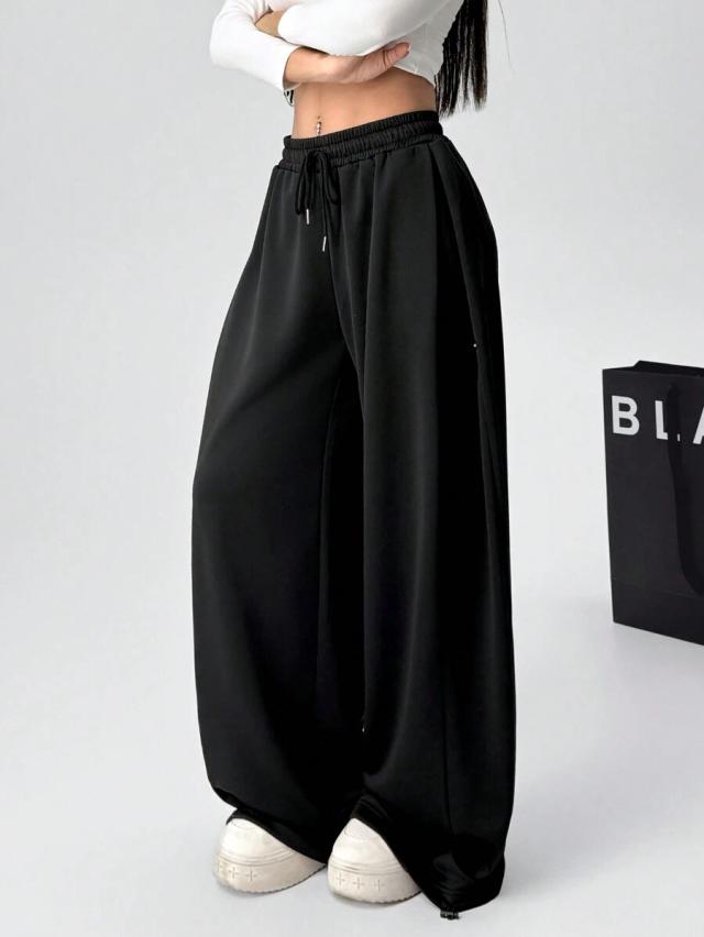 black casual drawstring waist loose sweatpants