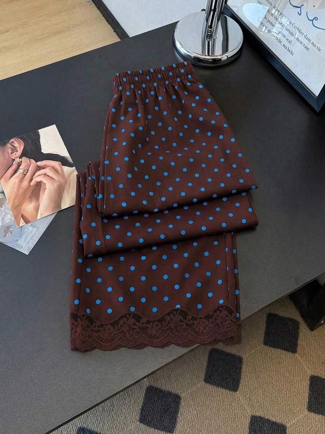 brown polka dot print lace trim straight leg pants