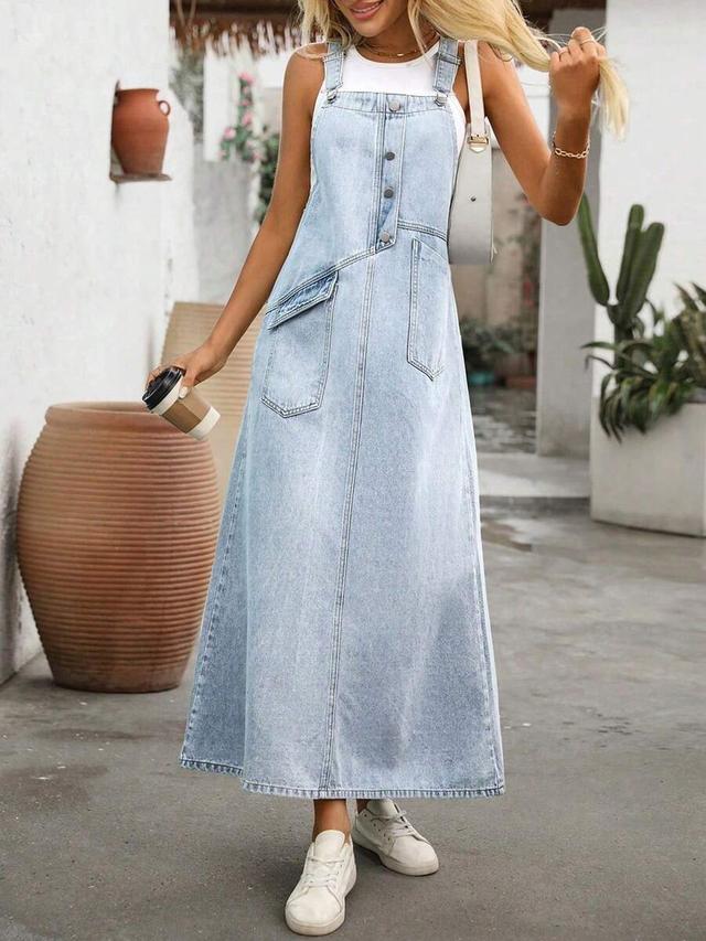 light wash denim a-line midi overall dress