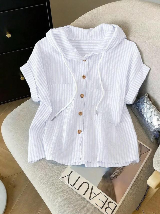 textured striped chiffon hooded blouse with pockets