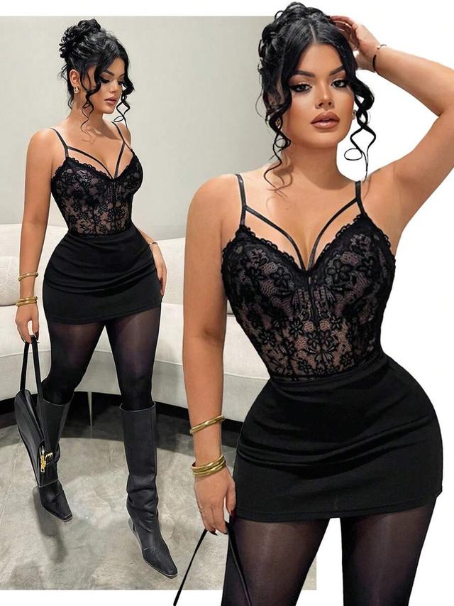 black lace cami bodysuit with spaghetti straps