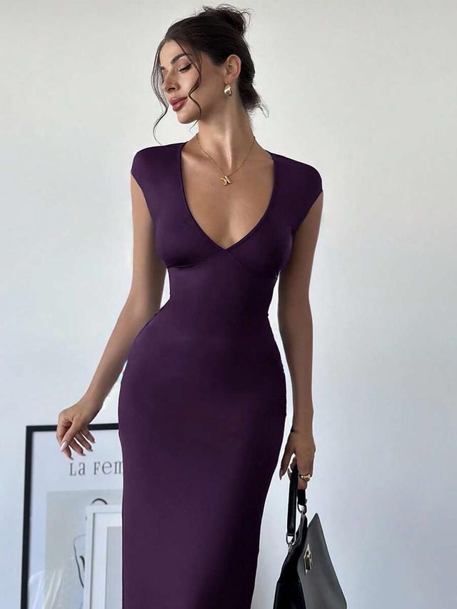 dark purple bodycon maxi dress with waist tie