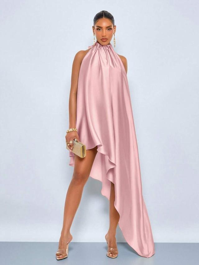 pink satin high-low halter neck dress