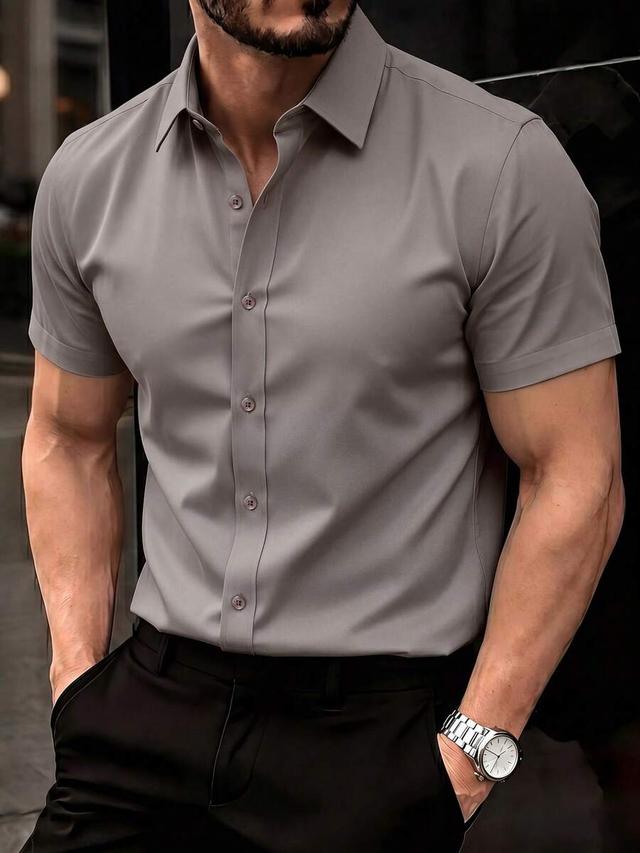 minimalist grey short sleeve button down shirt