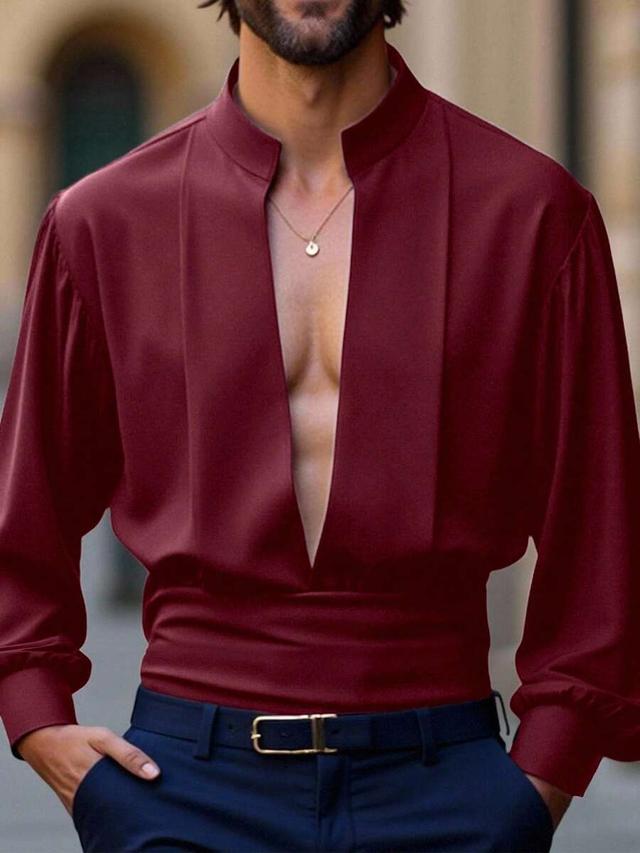 burgundy deep v-neck long sleeve dress shirt