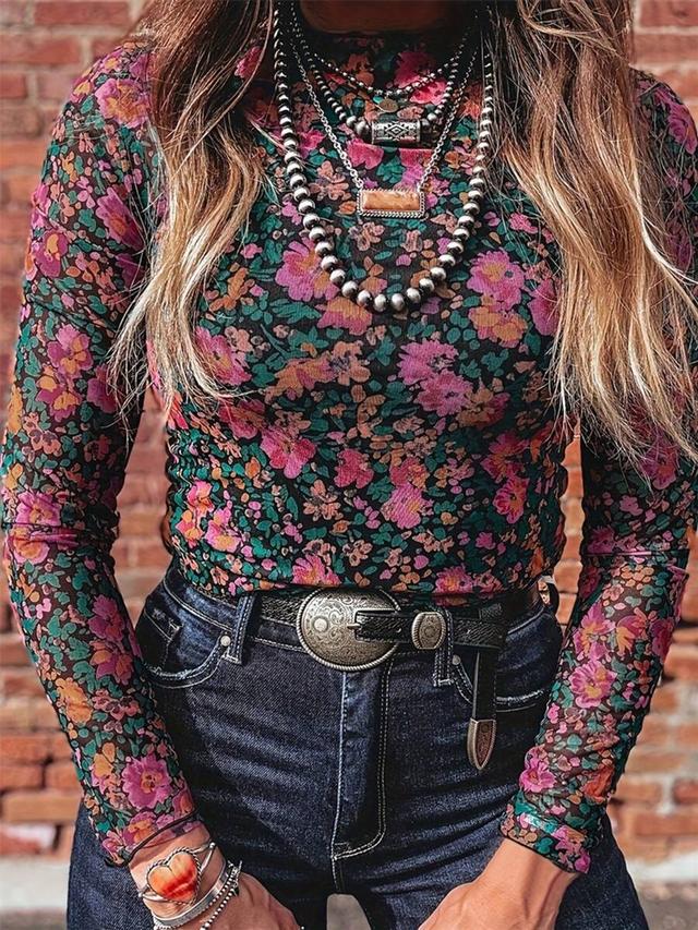 women's floral print long sleeve mesh top