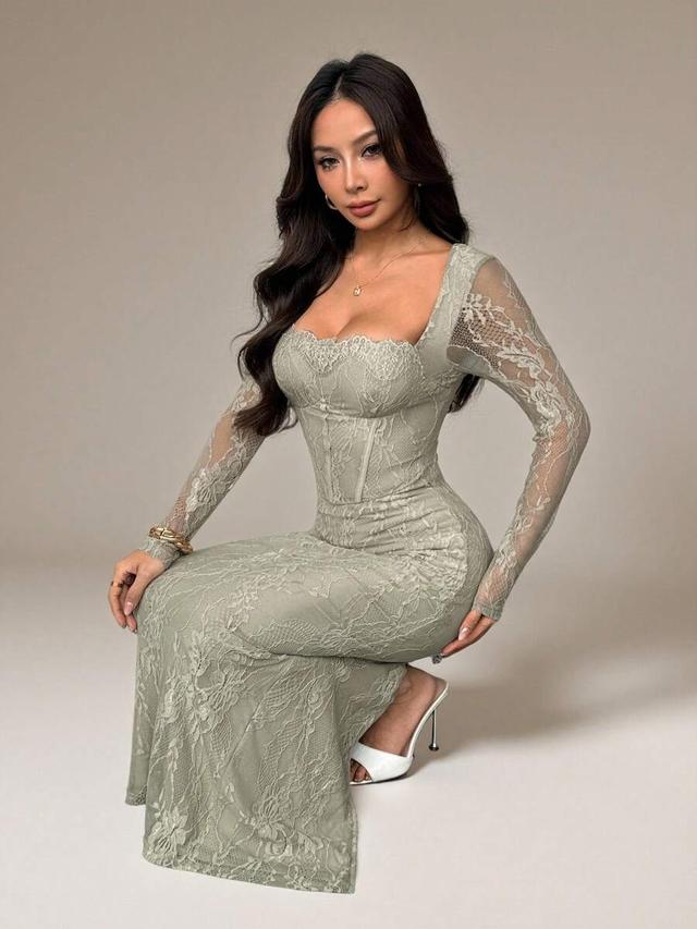 sage green lace long-sleeved square neck bodycon maxi dress