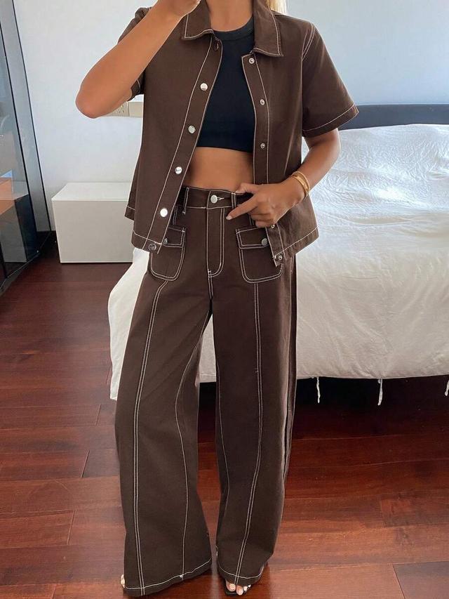 brown denim short sleeve top and wide leg pants