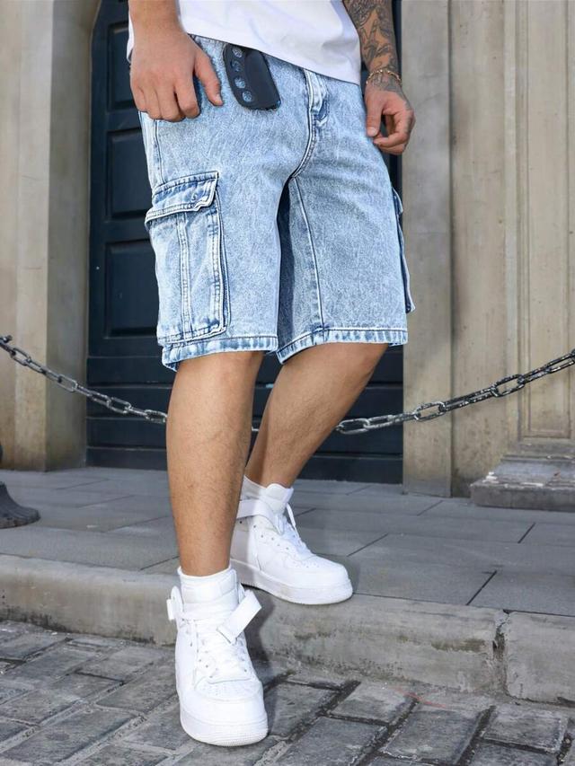 acid wash denim cargo shorts