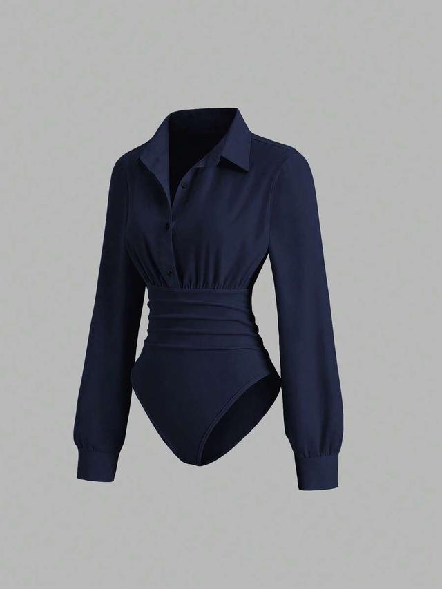 navy blue collared long sleeve fitted bodysuit