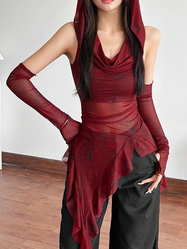 dazzle solid color fitted streetwear hooded sleeveless mesh top