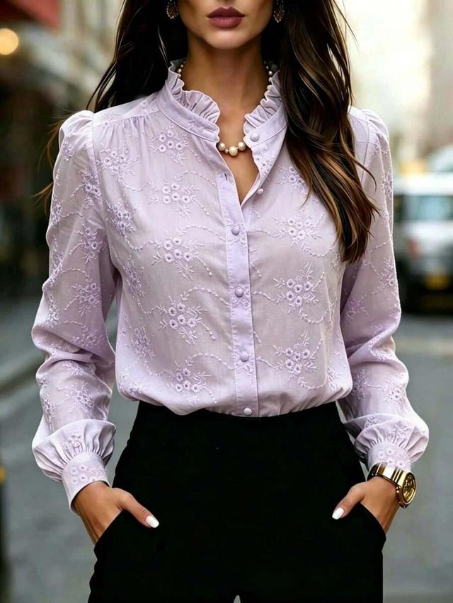 lavender floral embroidered long sleeve button-up blouse