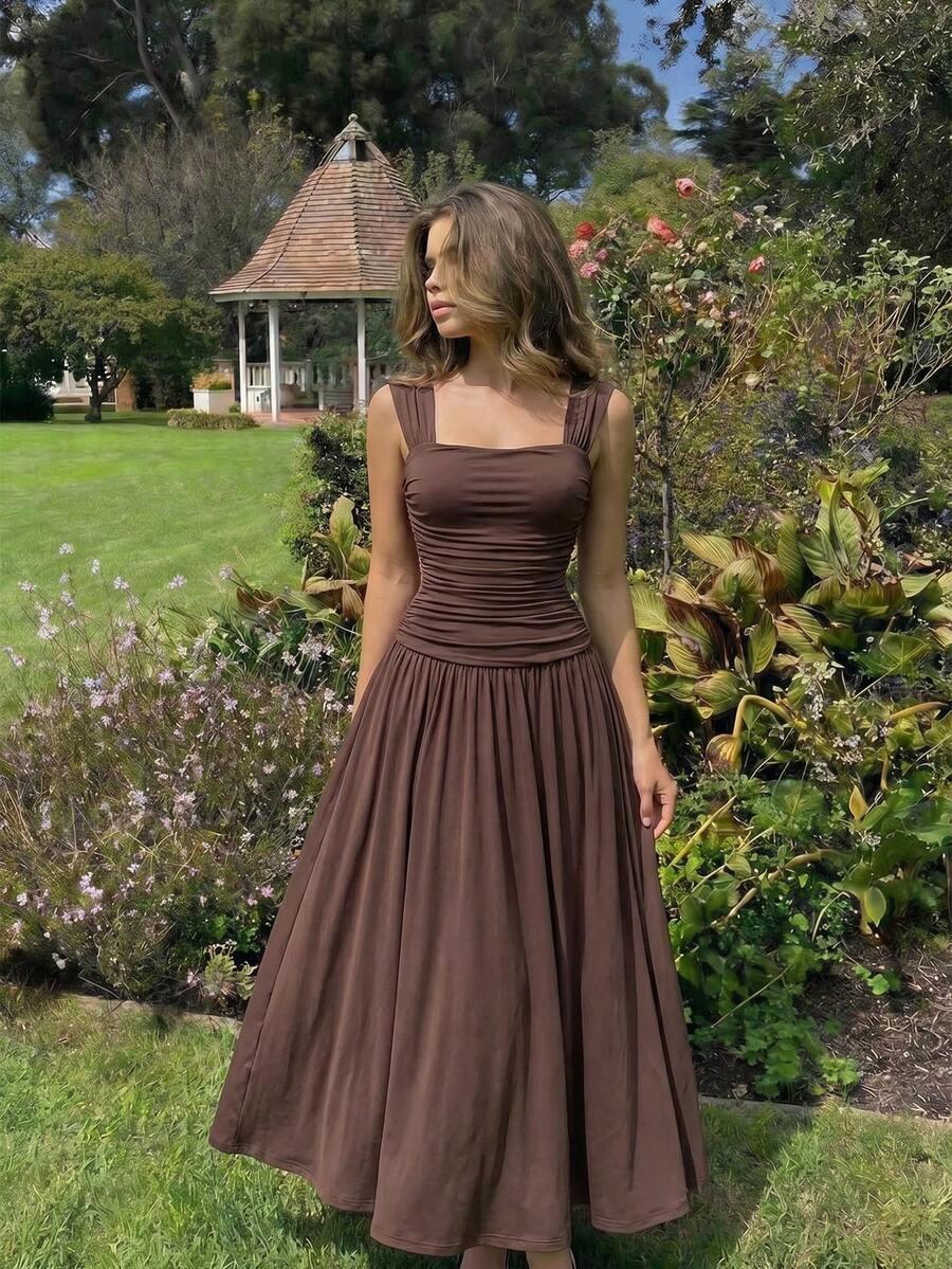 brown sleeveless square neck pleated midi dress