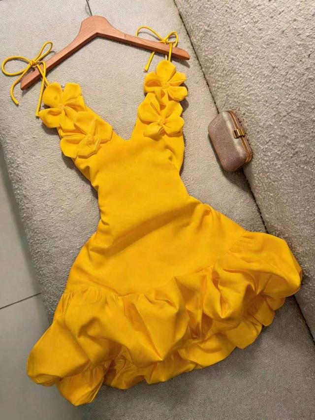 yellow floral hem spaghetti strap mini dress