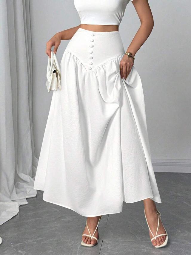 white faux linen flared skirt with button detail