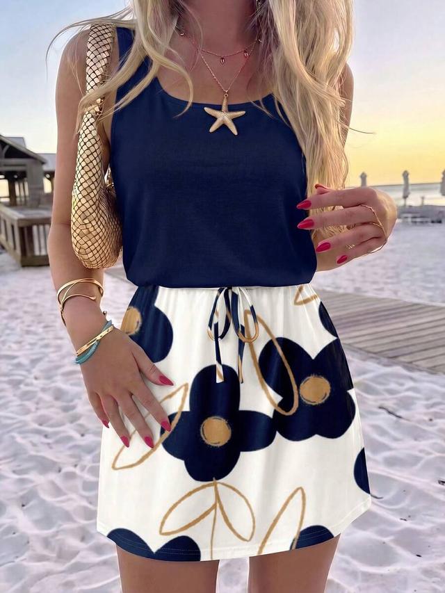 navy blue floral print casual summer tank dress
