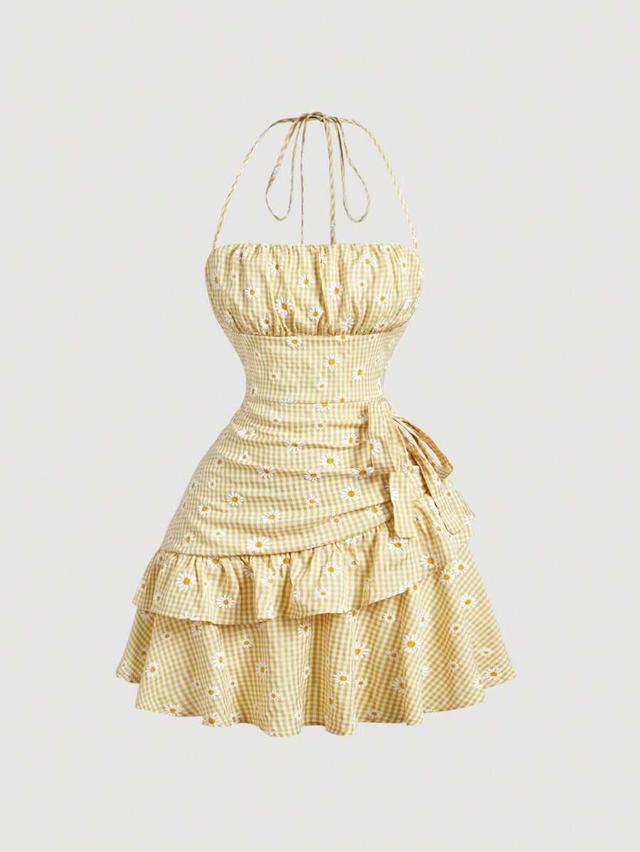 yellow floral plaid ruffle hem mini halter dress